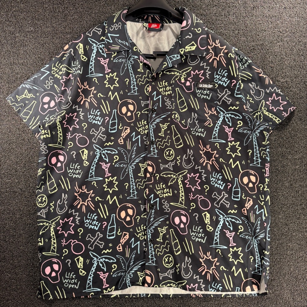 Life Wide Open CBOYSTV Camp Shirt Mens XL Black Neon Beer Skull Doodle Graphic